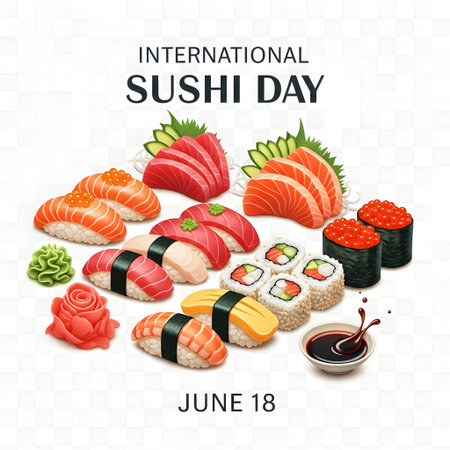 A vibrant illustration showcasing a variety of delicious sushi and sashimi dishes, celebrating International Sushi Day on June 18th.の素材