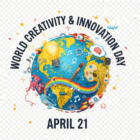 A vibrant illustration of Earth adorned with symbols representing creativity, innovation, and global ideas, celebrating World Creativity and Innovation Day on April 21.の素材