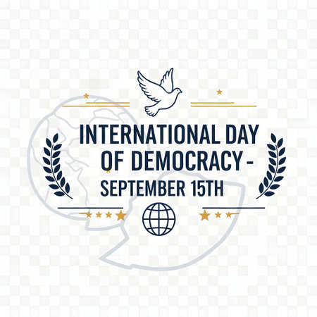 A stylized graphic celebrating the International Day of Democracy on September 15th, featuring a dove, laurel wreaths, and a globe.の素材