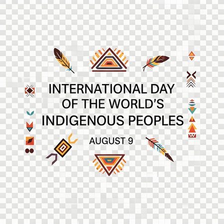 A festive graphic celebrating International Day of the World's Indigenous Peoples with tribal patterns, feathers, and the date August 9.の素材