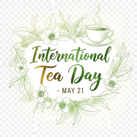 A festive design for International Tea Day, May 21st, adorned with delicate floral elements and a warm, inviting color palette.の素材