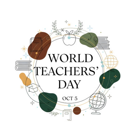 A circular design for World Teachers Day features educational symbols and colorful stones arranged around the central text.の素材