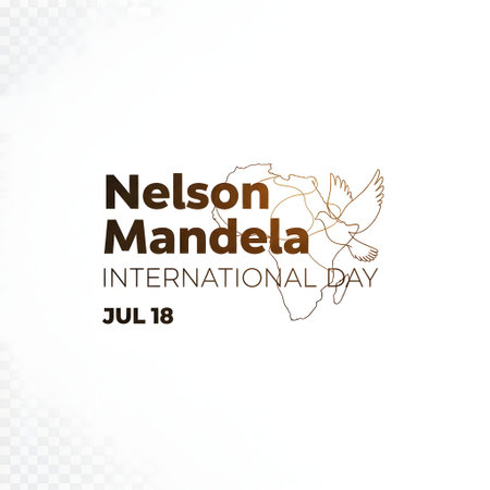 A graphic design commemorating Nelson Mandela International Day on July 18th with text and a subtle world map outline.の素材