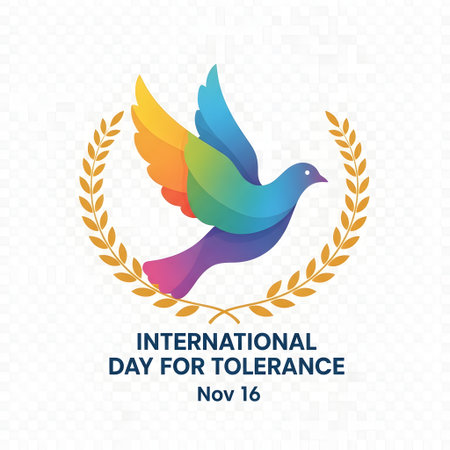 A vibrant, multicolored dove flies within a laurel wreath, symbolizing peace and tolerance for the International Day for Tolerance.の素材