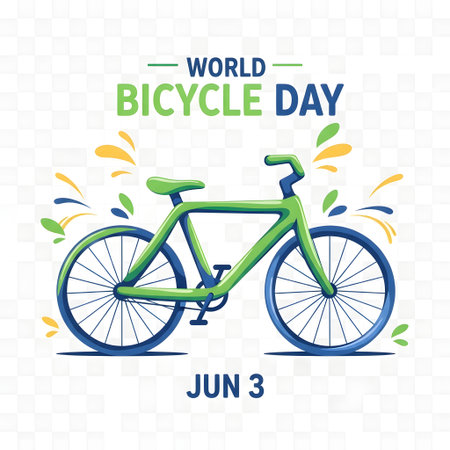 A vibrant illustration celebrating World Bicycle Day, featuring a green bicycle with colorful splashes and the date June 3.の素材