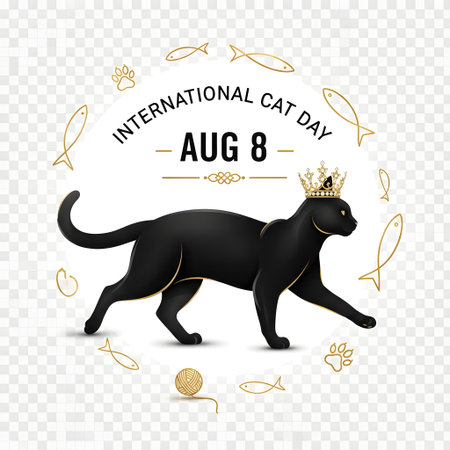 A regal black cat wearing a golden crown walks gracefully within a floral wreath celebrating International Cat Day on August 8th.の素材