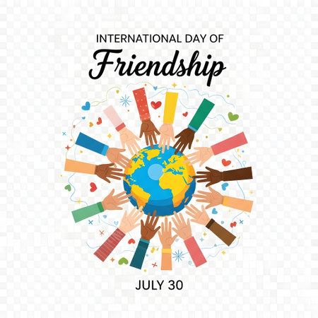 A vibrant illustration celebrating International Day of Friendship with diverse hands reaching towards a globe, symbolizing unity and connection.の素材