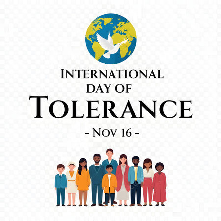 A graphic celebrating International Day of Tolerance on November 16th featuring a diverse group of children and a globe with a dove.の素材