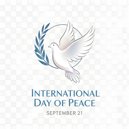 A white dove in flight, symbolizing peace, is depicted with a laurel wreath and the text 'International Day of Peace September 21'.の素材