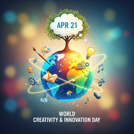 A colorful illustration celebrating World Creativity and Innovation Day on April 21st, featuring a globe surrounded by creative symbols and a tree.の素材