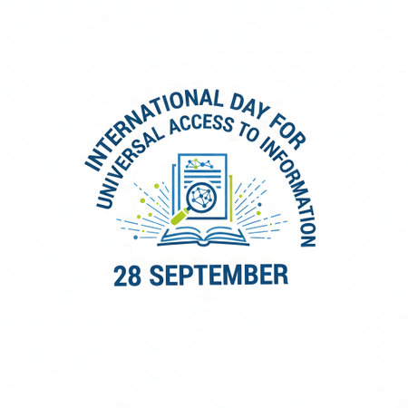 Logo for International Day for Universal Access to Information on September 28, featuring an open book and magnifying glass.の素材