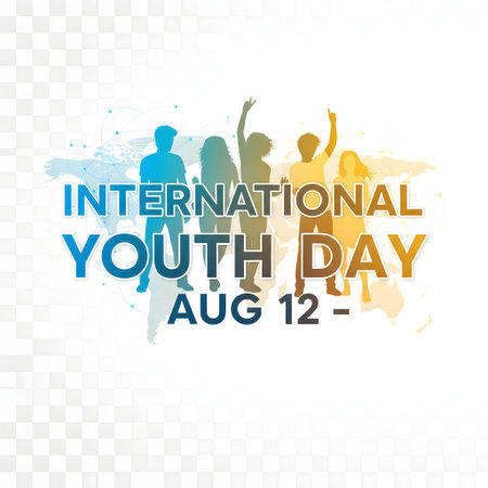 A vibrant graphic for International Youth Day on August 12th, featuring colorful silhouettes of young people celebrating and the event's name.の素材