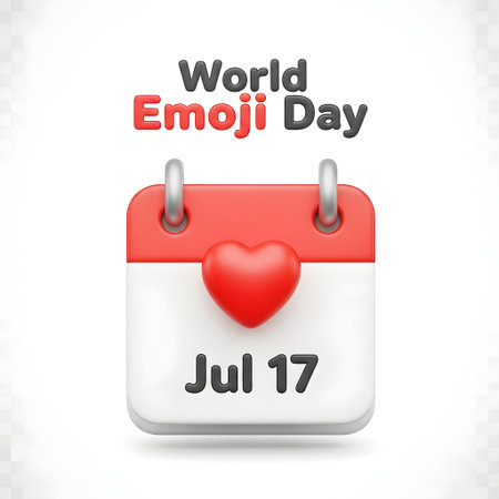 A stylized calendar showing July 17th, the date for World Emoji Day, adorned with a red heart.の素材