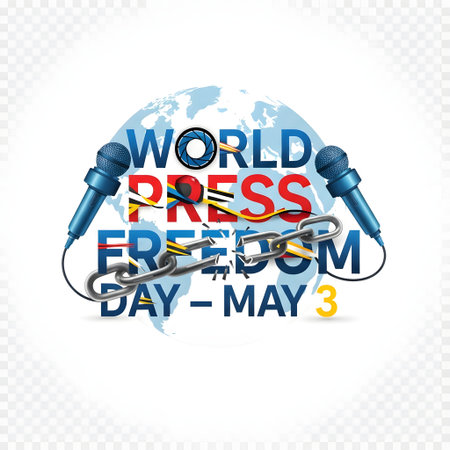 A graphic celebrating World Press Freedom Day, featuring microphones, a globe, and the text "World Press Freedom Day May 3".の素材