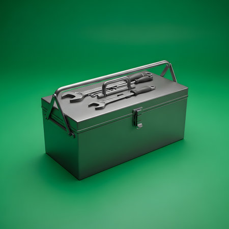 A dark, vintage metal toolbox with a handle and latch, featuring several wrenches on its lid, set against a solid green backdrop.の素材