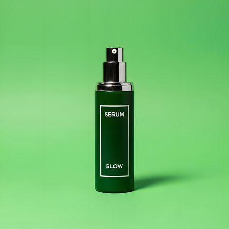 A sleek, dark green bottle with a silver pump dispenser stands against a vibrant, solid green background, showcasing its minimalist design.の素材