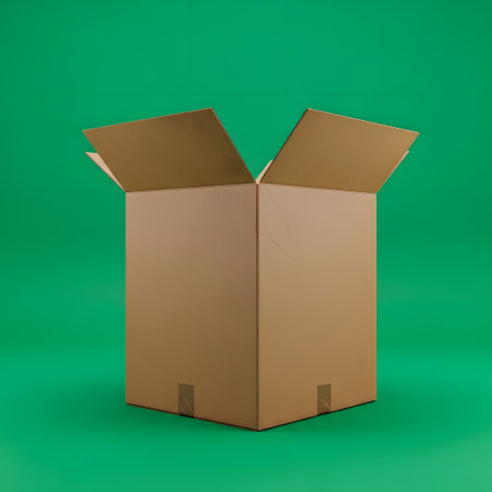 An empty, open cardboard box stands on a vibrant green surface, ready to be filled with items for shipping or storage.の素材