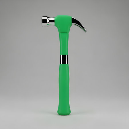 A single, vibrant green claw hammer stands upright against a neutral gray background, showcasing its tool head and handle.の素材