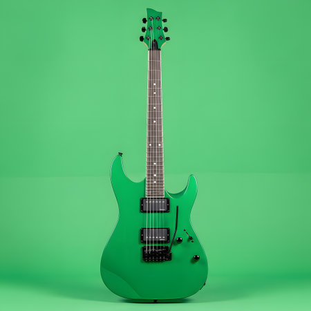 A vibrant, solid green electric guitar stands upright against a matching green backdrop, showcasing its sleek design and hardware.の素材