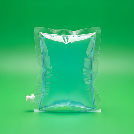 A transparent plastic bag, sealed and filled with a vibrant turquoise liquid, is presented against a solid green backdrop.の素材