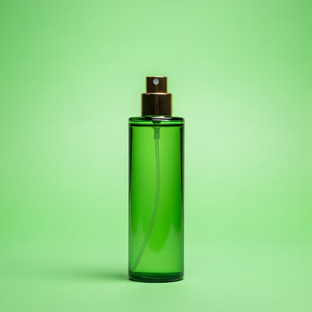 A tall, slender green glass spray bottle with a dark brown cap stands centered against a soft, light green backdrop.の素材