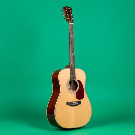 Acoustic guitar with a natural wood finish and intricate wood grain patterns, set against a vibrant green background. The instrument is positioned upright.の素材