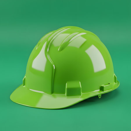 A single, shiny, bright green construction hard hat is displayed against a solid green backdrop, emphasizing safety and protection.の素材