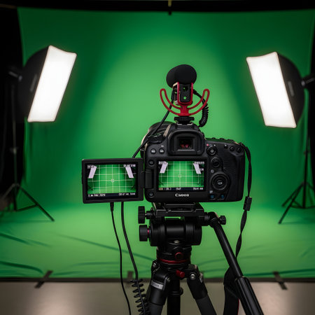A professional video camera on a tripod is set up in front of a green screen with studio lighting.の素材