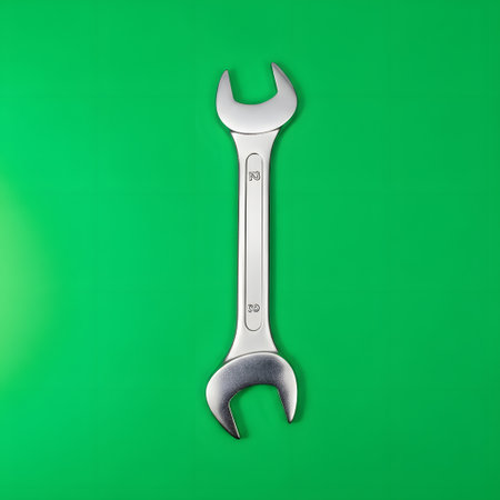 A single, shiny silver combination wrench lies vertically on a bright, solid green surface, showcasing its metallic texture and design.の素材