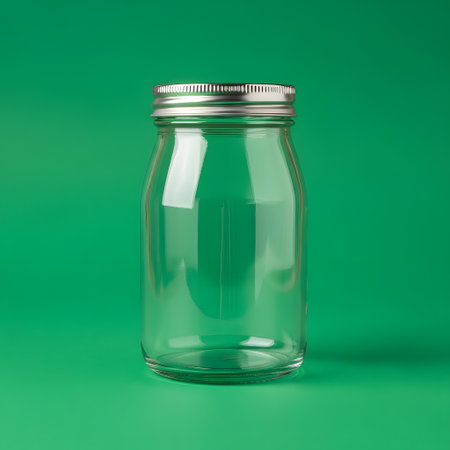 A single, empty, clear glass jar with a silver metal screw-on lid stands centered against a vibrant green backdrop.の素材