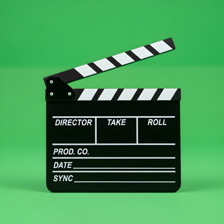 A traditional black movie clapperboard with white text is displayed against a bright, solid green screen backdrop.の素材