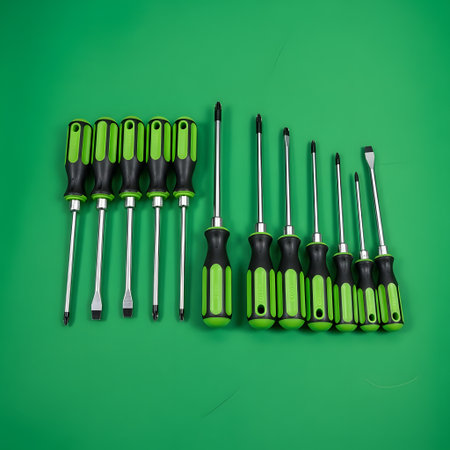 A variety of screwdrivers with bright green handles are neatly arranged on a solid green surface.の素材