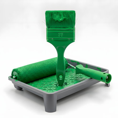 A large green paintbrush stands upright in a paint tray filled with vibrant green paint, next to a green paint roller.の素材