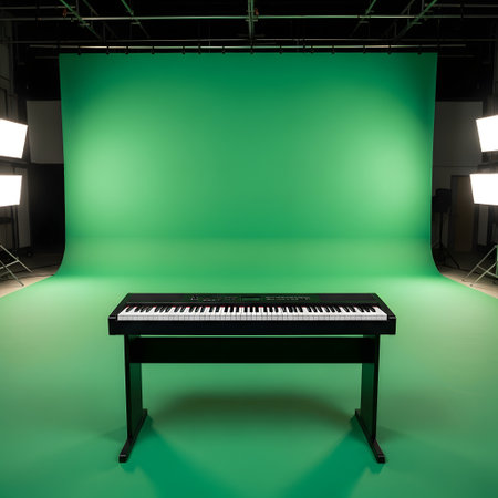 A black grand piano stands on a green floor in front of a large green screen backdrop, illuminated by studio lighting.の素材