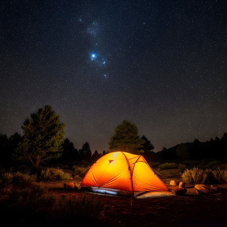 A glowing orange tent is set up in a dark, natural environment with a vast, star-filled night sky above.の素材