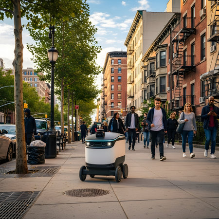 A white and black autonomous delivery robot with wheels moves along a busy city sidewalk with pedestrians and buildings in the background.の素材