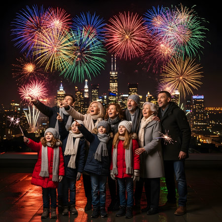 A diverse group of people, including children and adults, stand together as colorful fireworks illuminate the night sky above a city.の素材