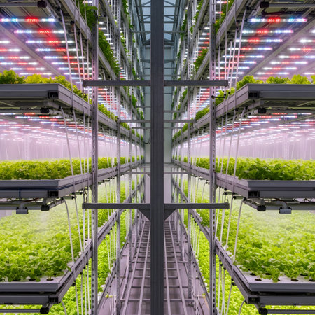 Symmetrical view of a modern vertical farm, showcasing multiple levels of healthy green plants illuminated by vibrant LED grow lights.の素材