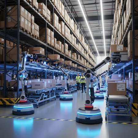 Autonomous robots with glowing blue lights move efficiently through a brightly lit, modern warehouse filled with tall shelves of inventory.の素材