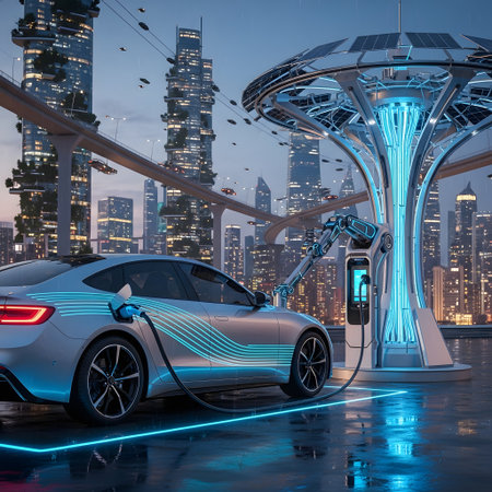 A sleek electric car is plugged into a glowing, futuristic charging station in a vibrant, modern city at dusk.の素材