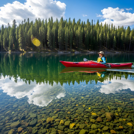 A person in a red kayak glides across a calm, reflective lake with a dense evergreen forest in the background.の素材