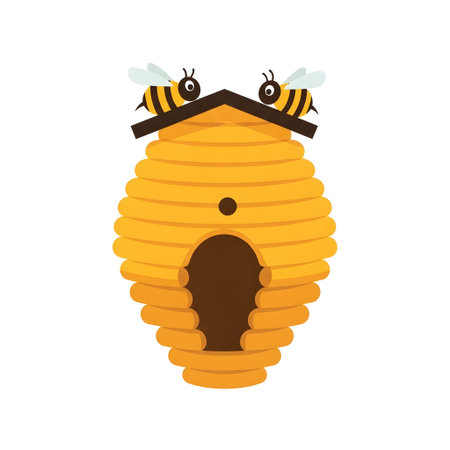 A charming illustration of a round, yellow beehive with a dark brown entrance, topped by two playful cartoon bees against a white background.の素材