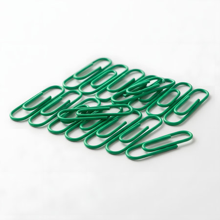 A close-up shot of a cluster of green paperclips arranged in a pile on a plain white surface.の素材
