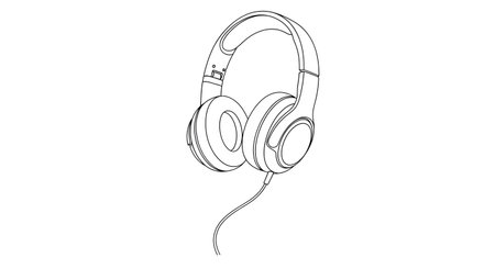 A black and white line drawing of a pair of over-ear headphones, showing intricate details of the earcups and headband, with a dangling cord.の素材