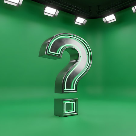 A metallic question mark with neon green accents is spotlighted against a vibrant green studio backdrop, creating a sense of mystery and inquiry.の素材