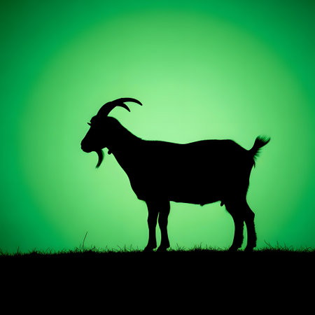 A black silhouette of a goat stands on a dark horizon with its mouth open against a bright, glowing green background.の素材