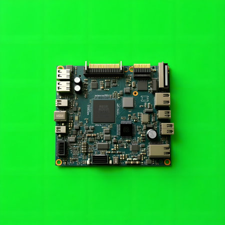 A detailed view of a single board computer circuit board with intricate components, set against a bright, solid green backdrop.の素材