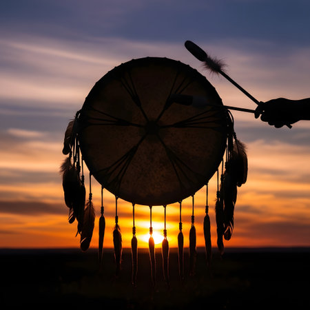 A hand holds a drumstick poised to strike a large, decorated drum. The setting sun casts a warm glow on the horizon.の素材