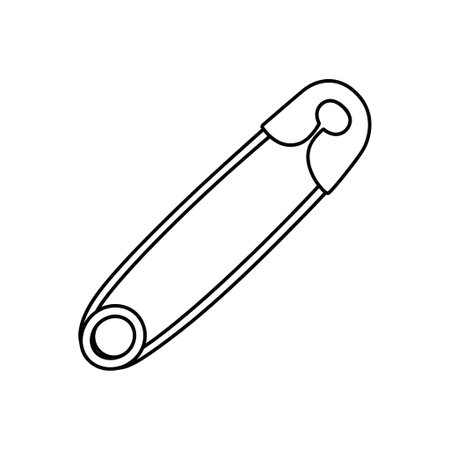 A black and white line art illustration of a standard safety pin, showing its coiled spring and sharp point.の素材