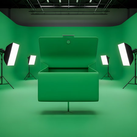 A green screen studio with an open chest in the center, surrounded by professional lighting equipment and softboxes.の素材